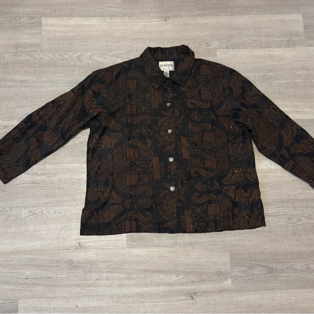 Chico’s Size 3 Women’s Silk Blouse 3/4 Sleeve Black Brown Embroidery Button Up